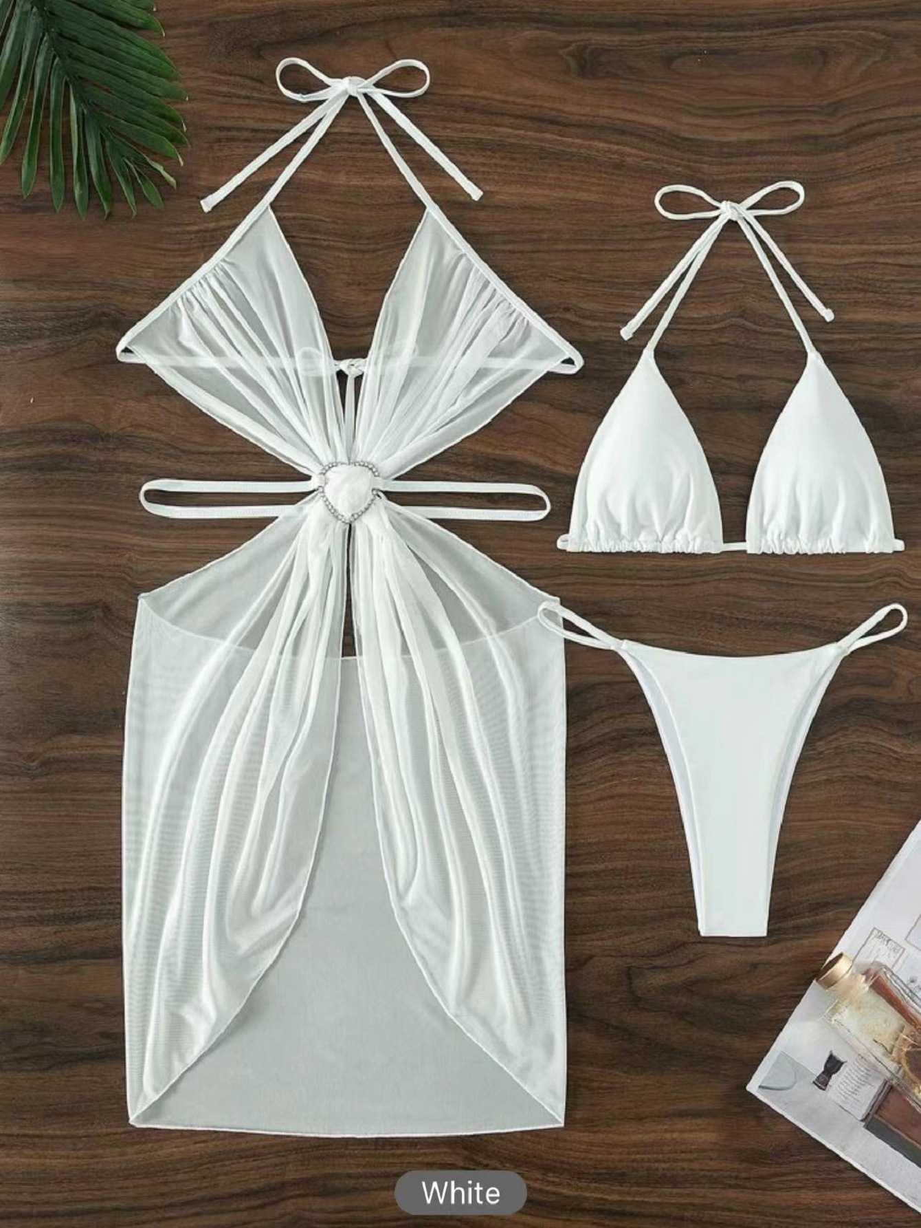 3 pièces licou cou Bikini plage été couleur unie maillot de bain fendu vêtements pour femmes