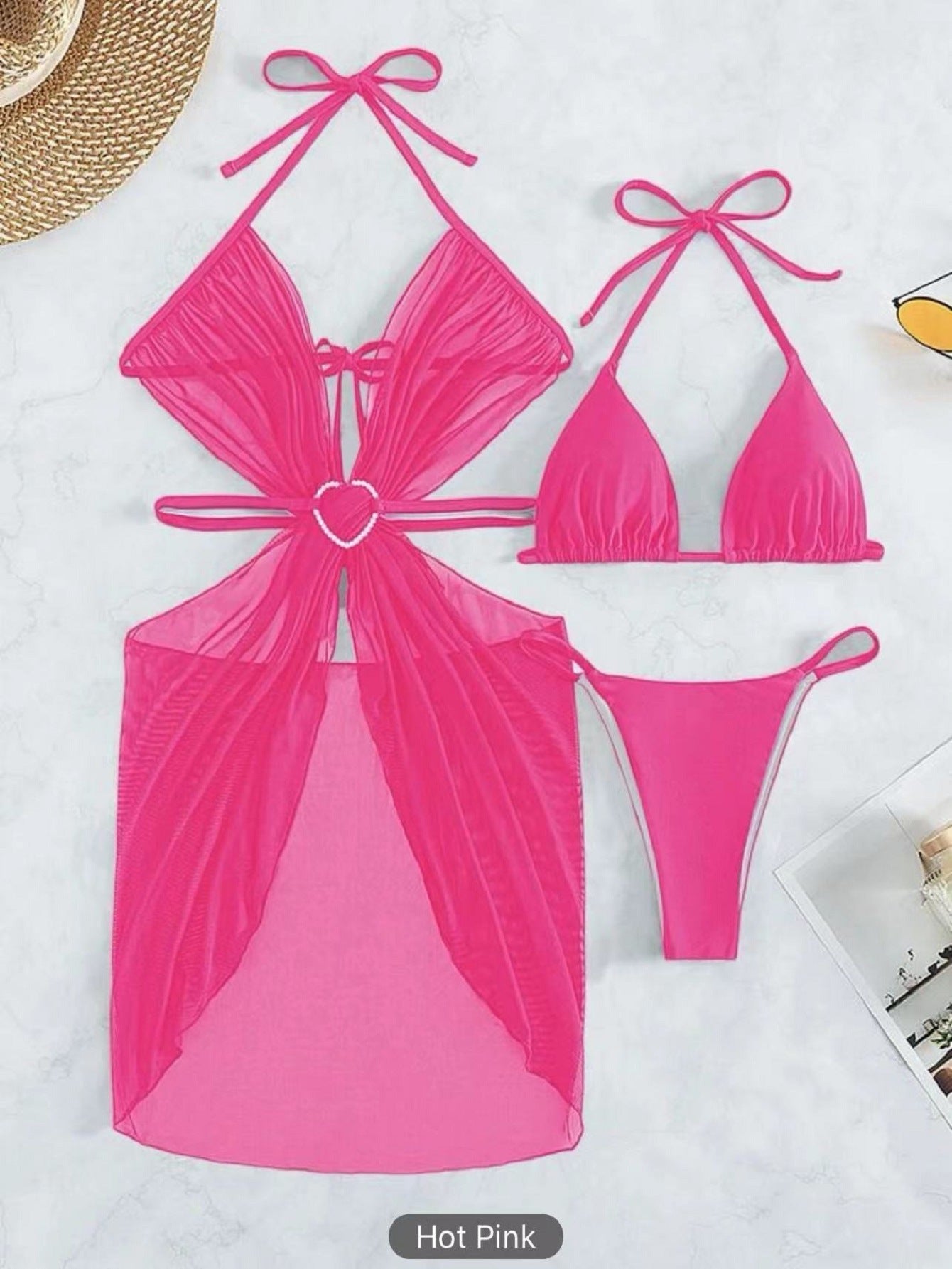 3 pièces licou cou Bikini plage été couleur unie maillot de bain fendu vêtements pour femmes